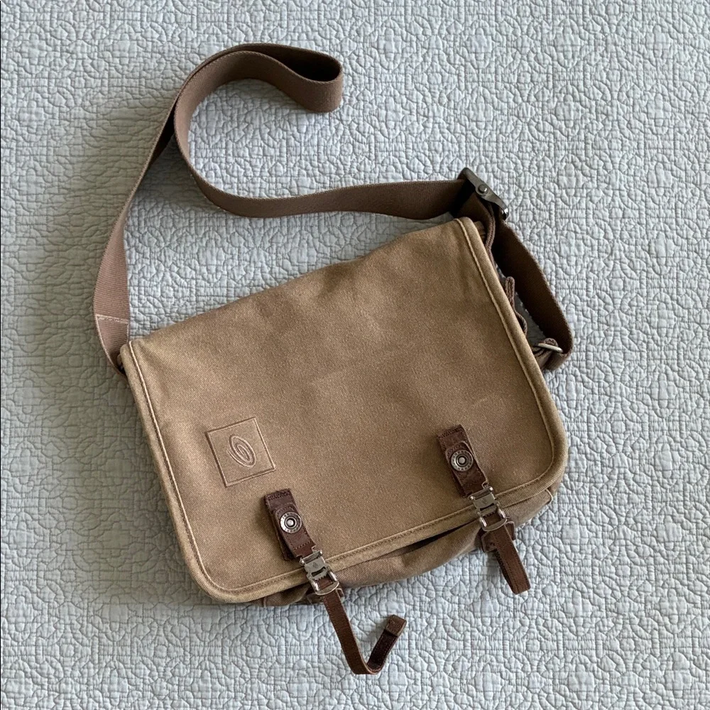 Timbuk2 Tan Canvas Single Speed Messenger Crossbody Bag Leather Trim Y2K Vintage